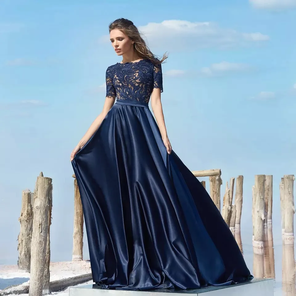 Темно-синие вечерние платья Трапециевидной формы 2021 с круглым вырезом и коротким рукавом, Кружевные аппликации, молния, Элегантное вечернее платье для выпускного вечера, длина до пола, атлас 0