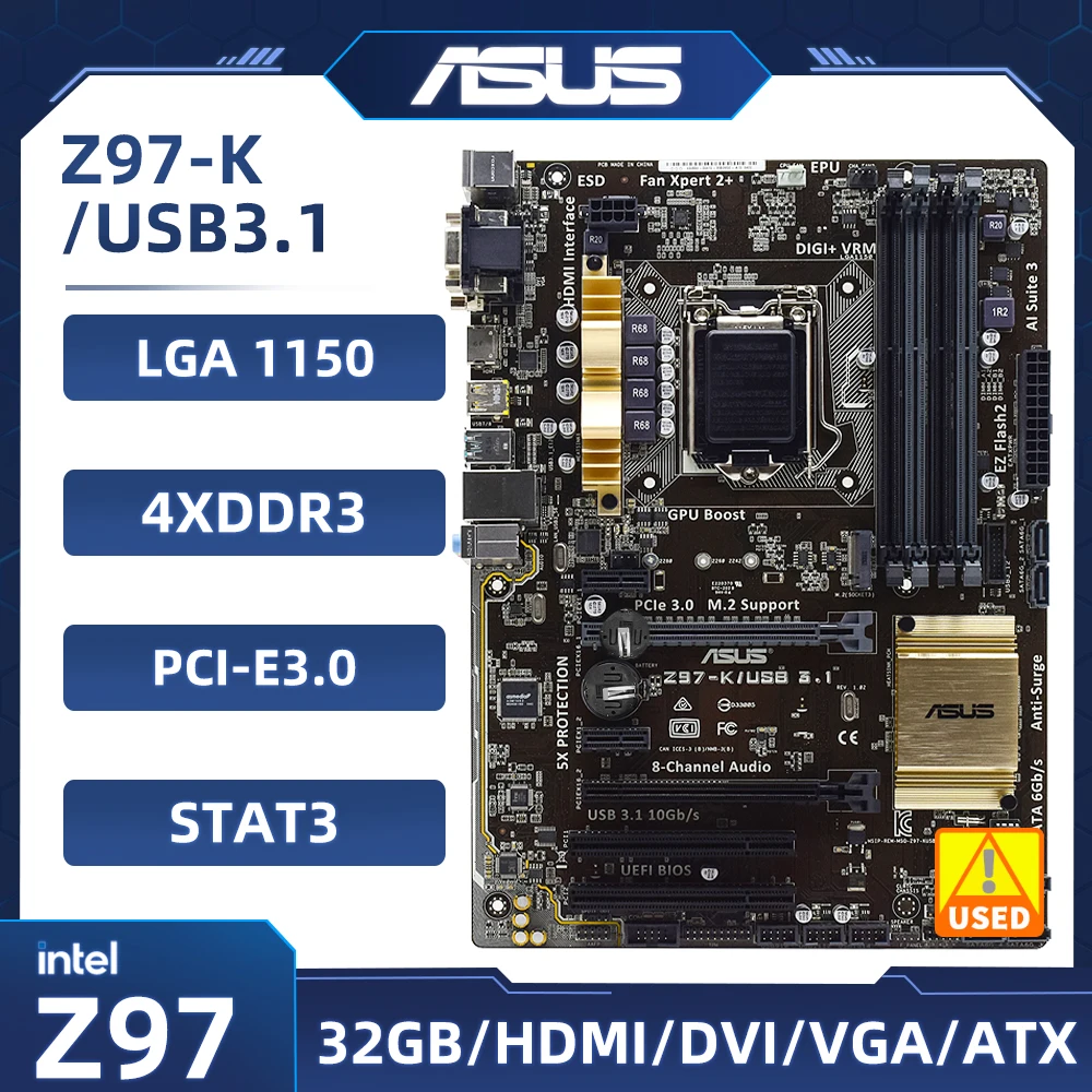 Материнская плата LGA 1150 ASUS Z97-K/USB3.1 Материнская плата Intel Z97 4 × DDR3 32 ГБ USB3.1 PCI-E 3.0 M.2 VGA ATX Для Core i3-4170 i5-4430 0