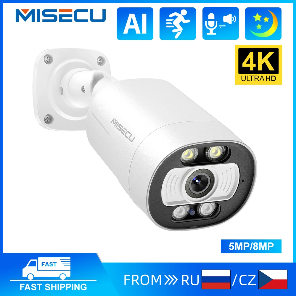 Камера безопасности MISECU 4K POE 8MP 5MP Наружная камера видеонаблюдения Двухстороннее аудио Полноцветное ночное видение Защита домашней безопасности 0