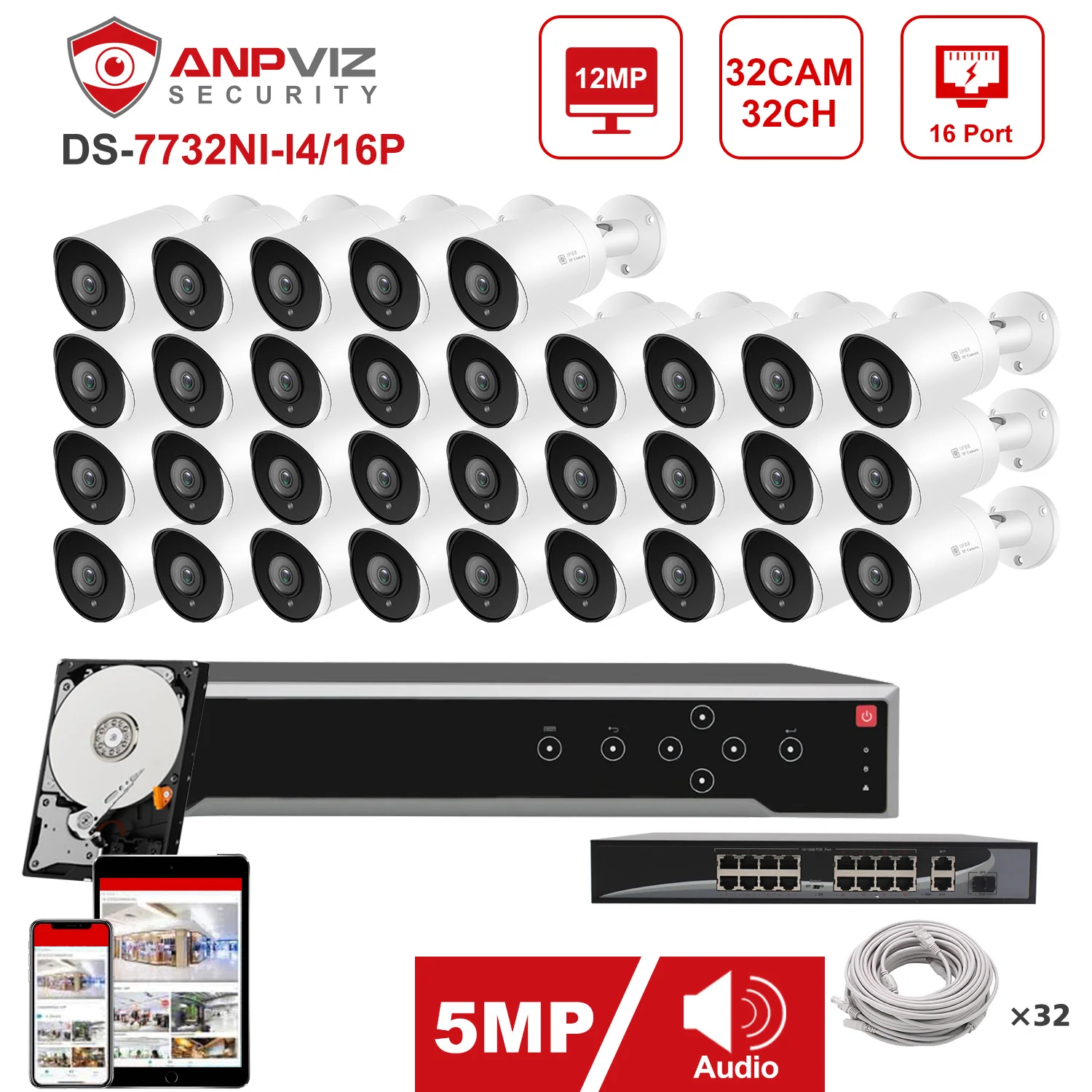 Anpviz NVR 32CH 4K 32pcs 5MP POE IP-камера Система Внутренней/Наружной Камеры Комплект Системы видеонаблюдения IP66 30m Защита безопасности 0