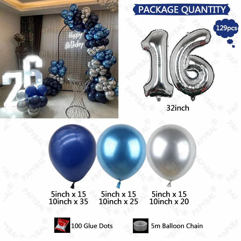 32-дюймовый серебряный шар из фольги с цифрами, Хромированный синий латексный шар, Гирлянда, Арка, комплект для взрослых, украшение для вечеринки по случаю дня рождения, свадебные глобусы 1