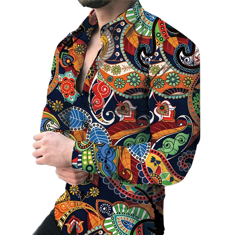 Гавайские мужские рубашки с длинным рукавом и принтом для мужчин, Роскошная мужская Дизайнерская одежда, Модная Элегантная Классическая мода 1