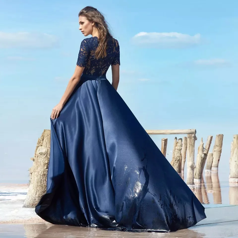 Темно-синие вечерние платья Трапециевидной формы 2021 с круглым вырезом и коротким рукавом, Кружевные аппликации, молния, Элегантное вечернее платье для выпускного вечера, длина до пола, атлас 1