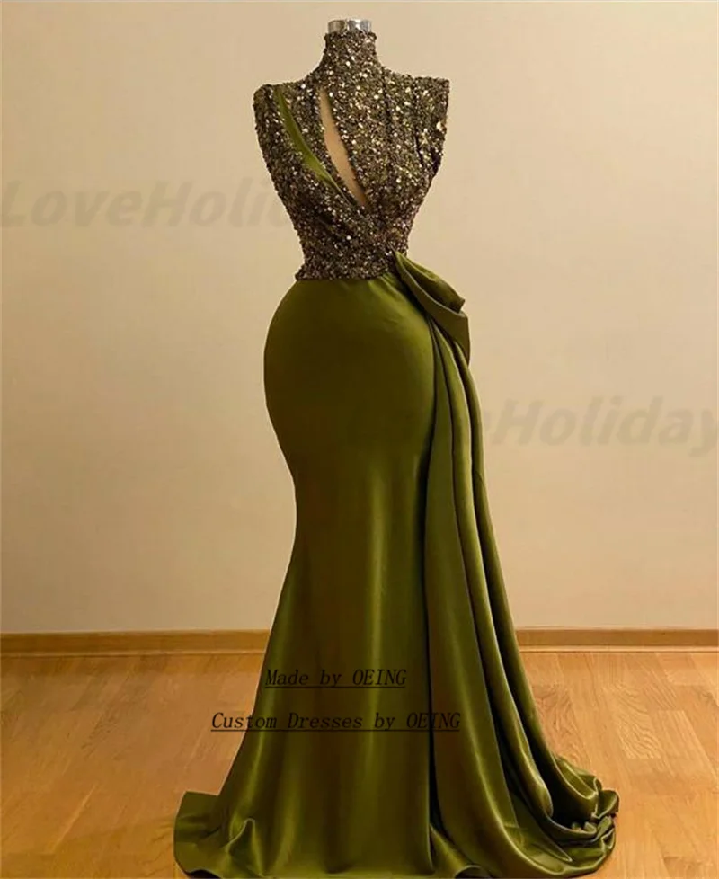 OEING, Скромные Зеленые Атласные Блестящие Вечерние Платья без рукавов с высоким вырезом, Вечерние платья для официальных мероприятий в Дубае, Платье для выпускного вечера 1