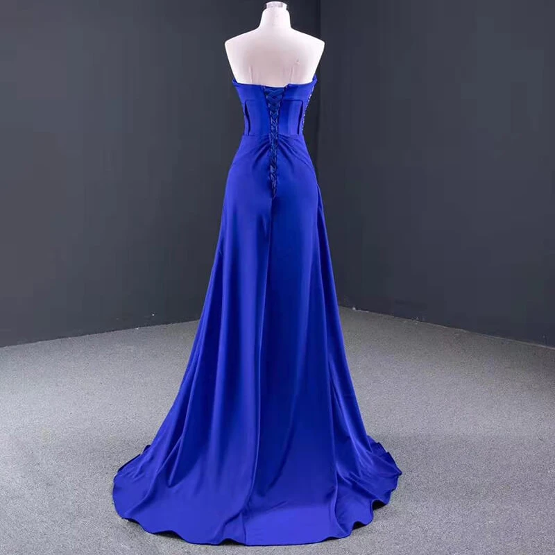 RSM67087 Синее элегантное облегающее вечернее платье для банкета, топ-труба с оборками, платье в пол на шнуровке с открытой спиной, 2021 платье вечернее 1