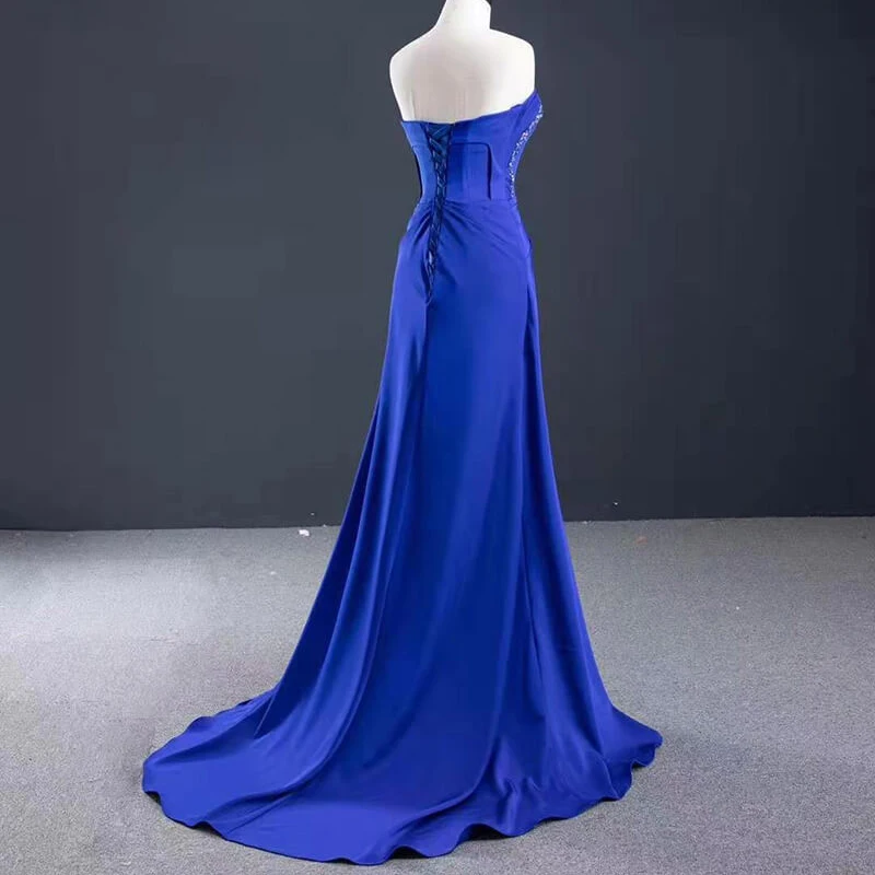 RSM67087 Синее элегантное облегающее вечернее платье для банкета, топ-труба с оборками, платье в пол на шнуровке с открытой спиной, 2021 платье вечернее 2