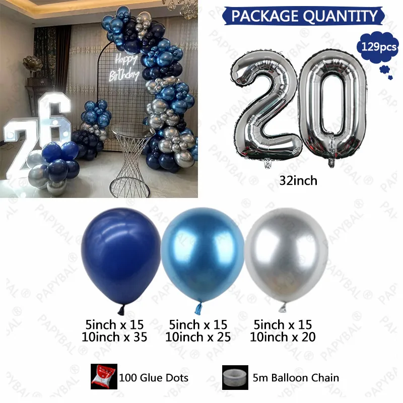 32-дюймовый серебряный шар из фольги с цифрами, Хромированный синий латексный шар, Гирлянда, Арка, комплект для взрослых, украшение для вечеринки по случаю дня рождения, свадебные глобусы 3