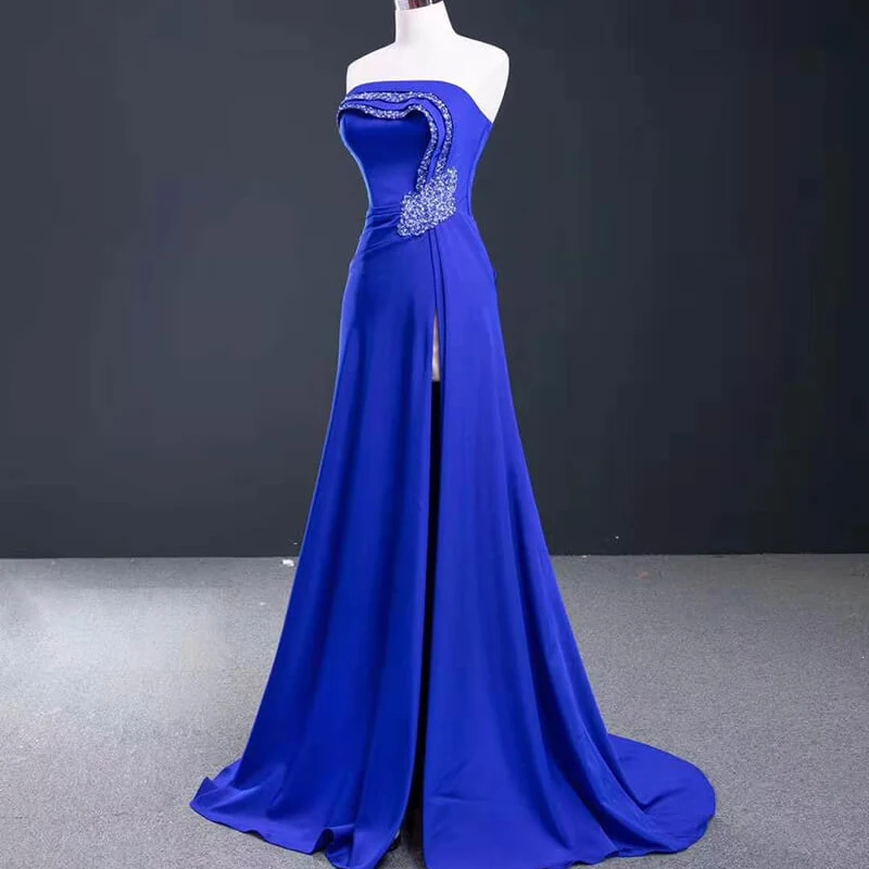 RSM67087 Синее элегантное облегающее вечернее платье для банкета, топ-труба с оборками, платье в пол на шнуровке с открытой спиной, 2021 платье вечернее 3