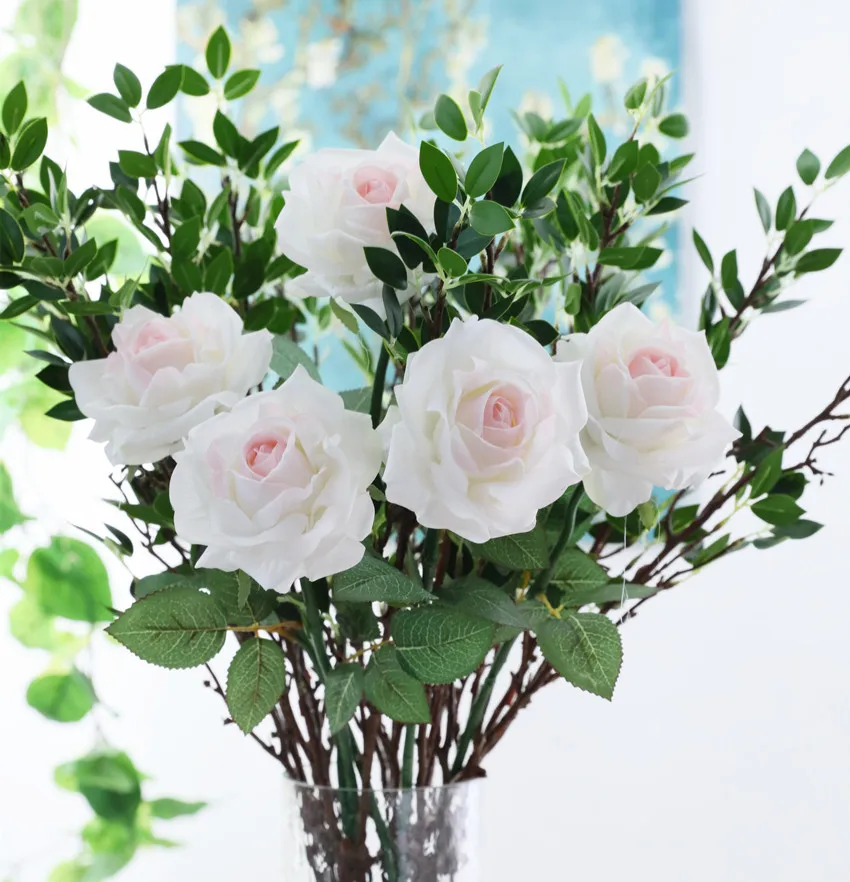 Увлажняющие розы с 2 листьями, Искусственные цветы, Аксессуары для украшения дома, Свадебный букет, Цветочная композиция для вечеринки 4