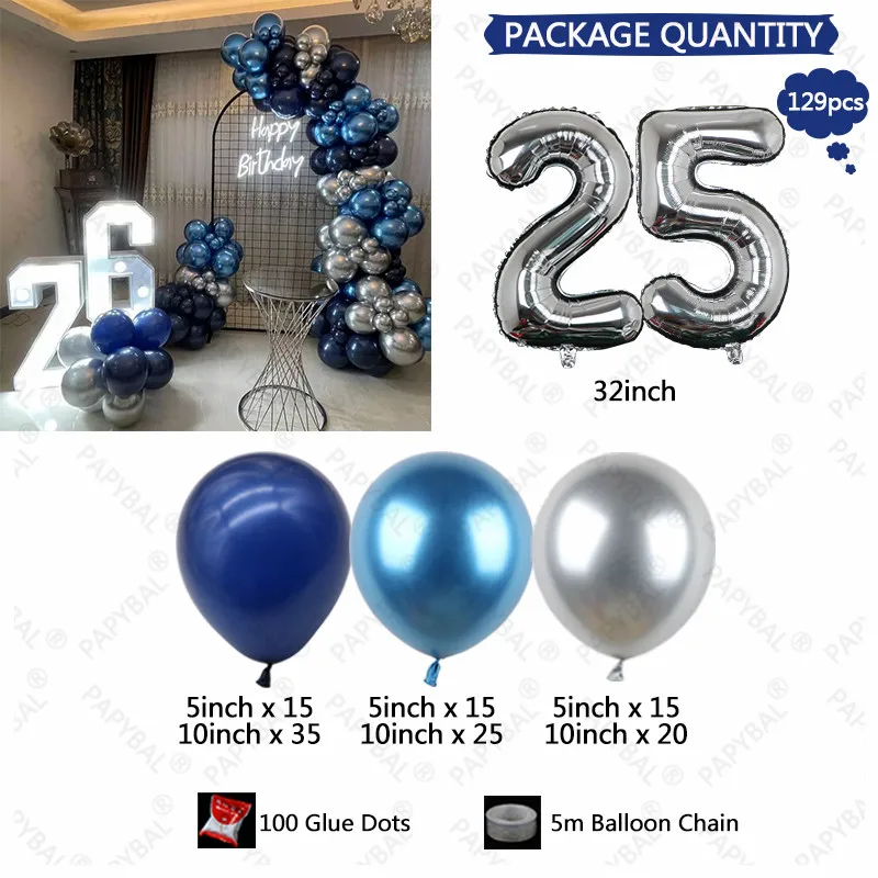 32-дюймовый серебряный шар из фольги с цифрами, Хромированный синий латексный шар, Гирлянда, Арка, комплект для взрослых, украшение для вечеринки по случаю дня рождения, свадебные глобусы 4