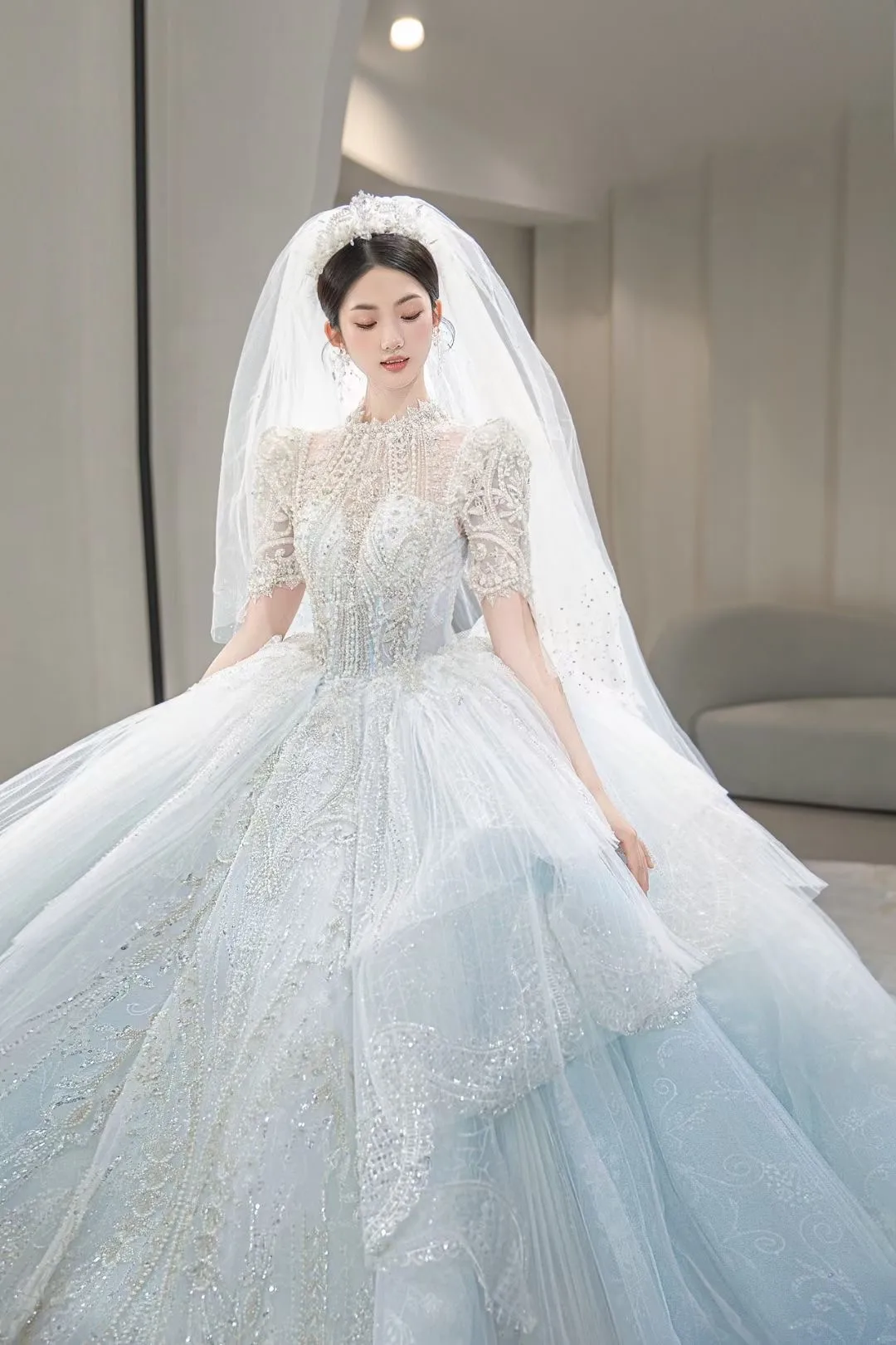 Ltt Коллекция 2023, пышное бальное платье принцессы с кристаллами, серо-голубые нарядные свадебные платья для новобрачных 5