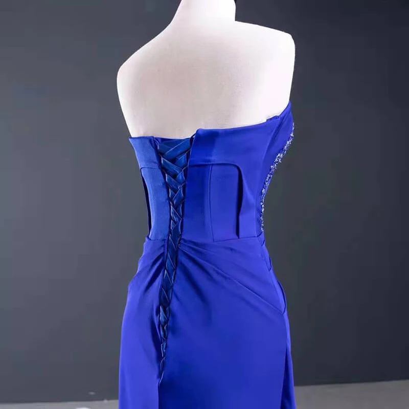 RSM67087 Синее элегантное облегающее вечернее платье для банкета, топ-труба с оборками, платье в пол на шнуровке с открытой спиной, 2021 платье вечернее 5