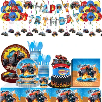 Тематика Monster Truck Украшение вечеринки по случаю Дня рождения Посуда Бумажный Стаканчик Тарелка Баннер Скатерть Топперы для торта Детский душ Детские сувениры