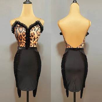 Сексуальное Леопардовое платье для Латиноамериканских танцев с открытой спиной, Конкурсный костюм для взрослых, Женская одежда для выступлений в стиле Самба Чача Румба с Кисточками DL10617