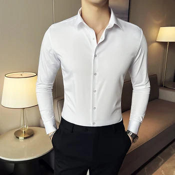 Мужская Повседневная белая рубашка весом 45-110 кг с длинным рукавом, однотонные деловые вечерние рубашки на пуговицах