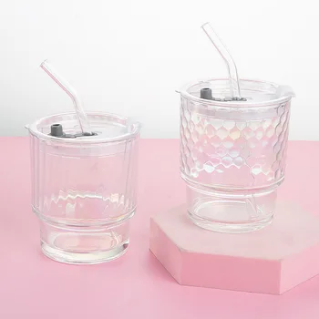 Портативная лазерная двойная чашка для напитков с всасывающей трубкой, высокое цветовое качество, Бамбуковая стеклянная чашка для воды с крышкой, чашка Aurora