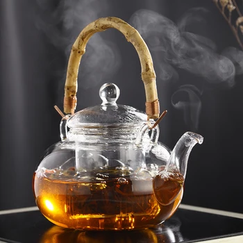Стеклянный чайник с бамбуковой ручкой объемом 500 мл, стеклянный чайный сервиз, фильтрующий стеклянный прозрачный чайник для кипячения, бамбуковый цветочный чайник