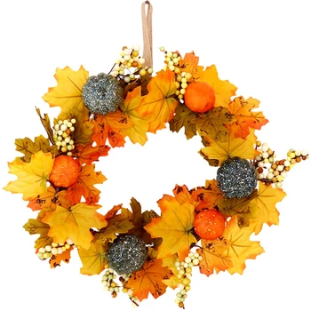 Осенний венок на День Благодарения для входной двери, Искусственный осенний венок с тыквами, кленовым листом и ягодами Для внутреннего или наружного декора