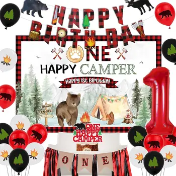 One Happy Camper День Рождения Украшения Для мальчиков Приключения Кемпинг 1-й День Рождения Фон Торт Топпер Баннер Дровосек Воздушные шары