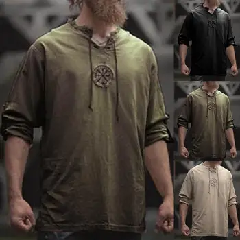 Мужская рубашка большого размера, топ с вышивкой древних викингов, на шнуровке, V-образный вырез, рубашка с длинным рукавом, топ для мужской одежды