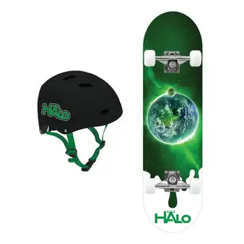 Комбинированный зеленый скейтборд Terra - 1 с двойной опорой и колесами 60 мм + 1 Шлем для скейтбординга с регулируемым размером -