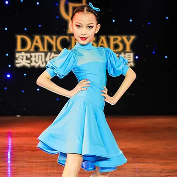 Новое платье для латиноамериканских танцев для девочек с коротким пышным рукавом, синяя/черная одежда для выступлений на сцене, Платья для соревнований по бальным танцам DWY5454