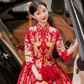 Высококачественное Красное Китайское Традиционное Свадебное Платье с вышивкой, Стильное Элегантное Платье Невесты в Винтажном стиле китайская одежда