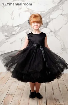 YZYmanualroom Черное Тюлевое Элегантное платье для Первого Причастия Для девочек, Концертная Свадебная вечеринка, Атласное платье для Младших Подружек невесты с Короткими рукавами