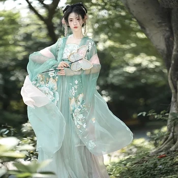 Китайское платье Hanfu, женская рубашка с большим рукавом и принтом, Зеленый Розовый Комплект Hanfu, Карнавальное платье Феи для Косплея, Танцевальное платье Hanfu