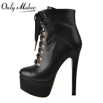 Onlymaker/Женские ботильоны на платформе с круглым носком и шнуровкой на тонком высоком каблуке с боковой молнией, Черные Модные короткие ботинки Большого размера