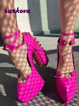 Розовые Туфли-лодочки на платформе с металлической пряжкой, острый носок, ремешок на щиколотке, блочный каблук с пряжкой, Женские туфли-лодочки на высоком каблуке, Новинка 2023 года, Обувь для подиума