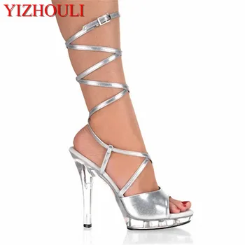 Модная серебристая вамп, искушение большого размера из хрусталя, босоножки на высоком каблуке высотой 13 см, сексуально привлекательные босоножки