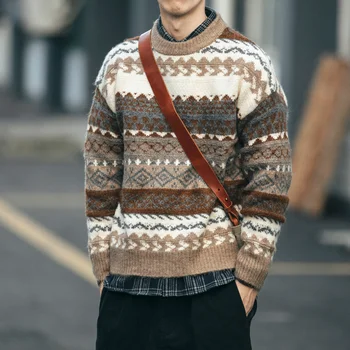 Винтажный вязаный свитер в этническом стиле, мужской контрастный Цвет, Свободный вязаный топ с круглым вырезом, Новинка зимы, Модный повседневный пуловер для пары