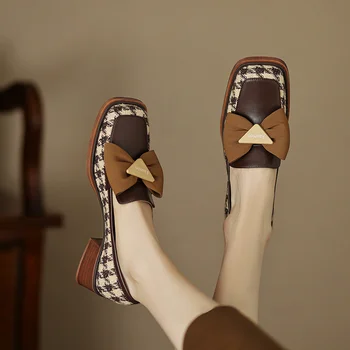 Новинка 2023 года, Весенние Элегантные Женские тонкие туфли в стиле ретро, Украшенные Бантом Лоферы С Квадратным носком