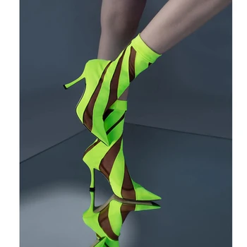 Пикантные разноцветные ботильоны в полоску на высоком каблуке с острым носком, Полупрозрачные эластичные неоновые сапоги до бедра, женские тонкие ботинки