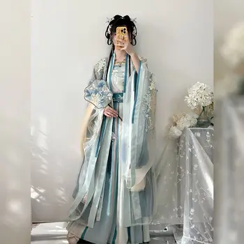 Китайское платье Hanfu, Женские древние традиционные комплекты Hanfu с вышивкой, Карнавальный костюм Феи для Косплея, Зеленое платье для танцев Hanfu