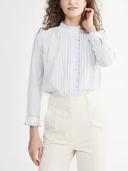 Женская рубашка с воротником-стойкой из 100% хлопка, вышивка, отделка оборками, Элегантная Женская Однобортная блузка с длинным рукавом