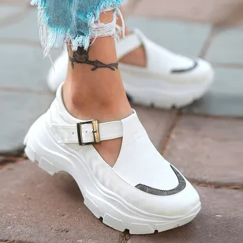 Удобные женские кроссовки на платформе, модные повседневные маленькие белые туфли с пряжкой, увеличивающие рост, для бега, Вулканизированная обувь
