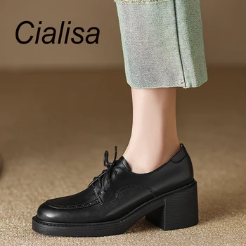 Женская обувь Cialisa, Винтажные лоферы на платформе, 2023, Круглый носок, Натуральная кожа, Высокие каблуки Ручной работы, Повседневная женская обувь 40 Осень