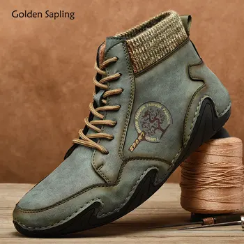 Классические Мужские ботинки на плоской подошве с Золотым Деревом; Модная кожаная Обувь В стиле ретро; Удобные Мужские Ботильоны Для Отдыха; Зимняя обувь