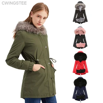 S-5XL Зимняя теплая длинная Парка, тонкая плюшевая стеганая куртка, женская утепленная подкладка, Бархатное хлопковое уличное пальто с меховым капюшоном