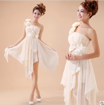 бесплатная доставка 2015 новое изготовленное на заказ платье невесты на одно плечо, маленький короткий дизайнерский костюм ручной работы с цветочным бантом, платье подружки невесты