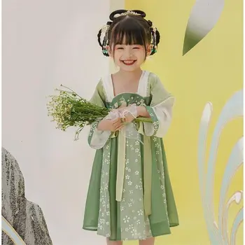 Китайское Традиционное платье Hanfu для девочек 2022, Летнее Новое Детское Зеленое платье Hanfu с принтом, Детское платье Феи в Подарок на возраст от 3 до 8 лет