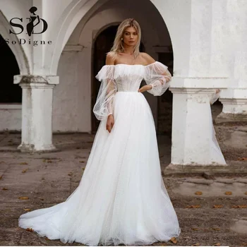 Свадебное платье SoDigne Boho с открытыми плечами, винтажное платье принцессы, женские тюлевые платья невесты в горошек, Vestido De Novia, сшитое на заказ