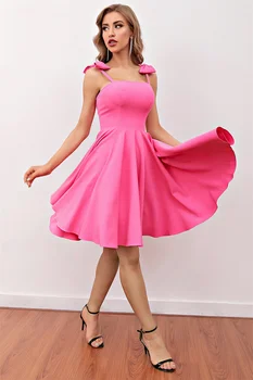 Розовое Атласное Короткое коктейльное платье с бретельками-бантиками, Трапециевидное Платье для официальной вечеринки, Возвращение домой, Короткое Вечернее бальное платье длиной до колен