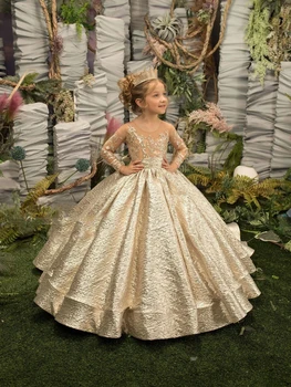 Аппликации цвета Шампанского с большим Бантом, рукава с полной Иллюзией, Бальное платье Принцессы для девочек, костюмы для Первого Причастия, платье с цветочным узором 2023