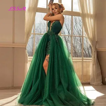 Блестящее Зеленое Кружевное Вечернее Платье 2021, Съемный Шлейф, Аппликации, Без бретелек, Тюлевые Платья для Выпускного вечера, vestidos de fiesta