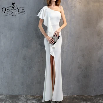 Белые длинные вечерние платья, приталенное платье для выпускного вечера с эластичными оборками, вечернее платье с разрезом на одно плечо, простое женское вечернее платье