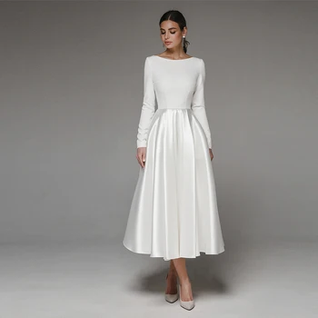 Винтажное свадебное платье для помолвки чайной длины с длинным рукавом и круглым вырезом, простое гражданское свадебное платье трапециевидной формы для невесты из атласа Свадебное платье
