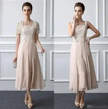 Два предмета, кружевное вечернее платье длиной до чая 2018, Элегантное индивидуальное платье vestido novia для матери невесты с жакетом